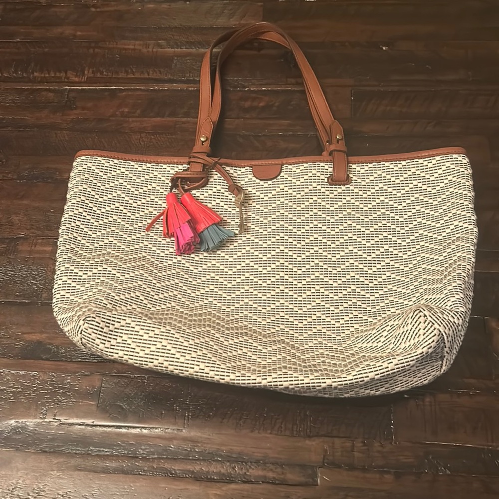 Fossil Canvas and Leather chevron print tote bag with tassels/key
